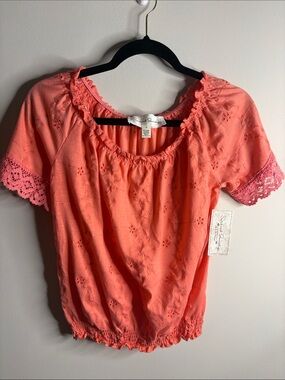 French Laundry Coral Eyelet Peasant Top with Lace Trim